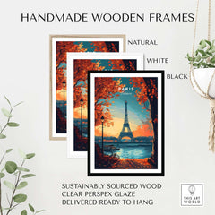 Paris Print France displayed in handmade wooden frames, featuring natural, white, and black finishes. Perfect for home decor.