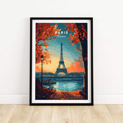 Paris Print France showcasing the Eiffel Tower surrounded by autumn foliage and vibrant colors.