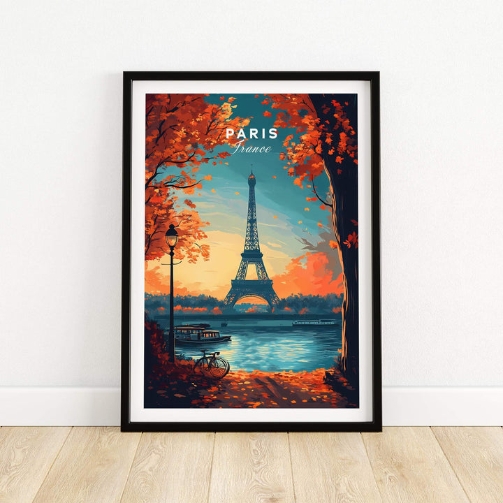 Framed Paris print featuring Eiffel Tower, autumn colors, and serene river, adding elegance to any room décor.