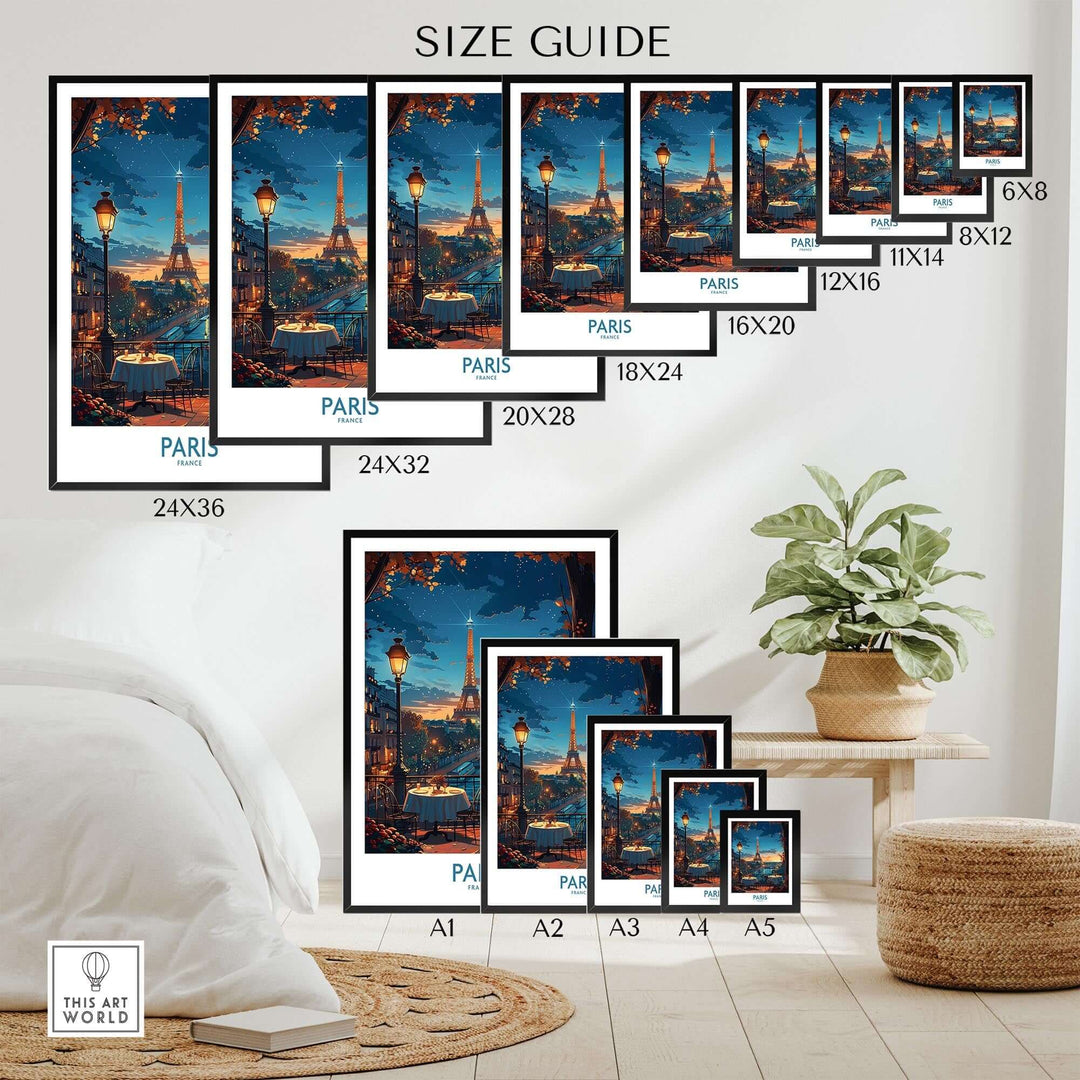 Size guide for Paris Travel Poster showcasing various frame sizes and a cozy home setting with the Eiffel Tower.