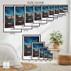 Paris Travel Poster size guide showcasing various print dimensions and a beautiful Parisian landscape.