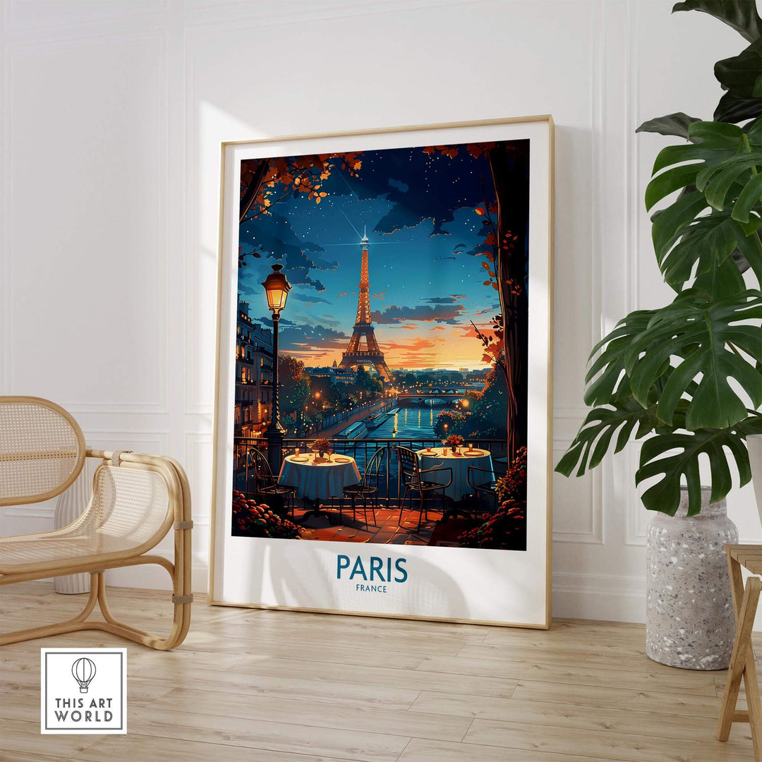 Paris Travel Poster showcasing the Eiffel Tower at sunset, adding a romantic touch to any home or office décor.