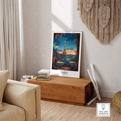 Paris Travel Poster showcasing the Eiffel Tower in a romantic setting, perfect wall art for home or office decor.