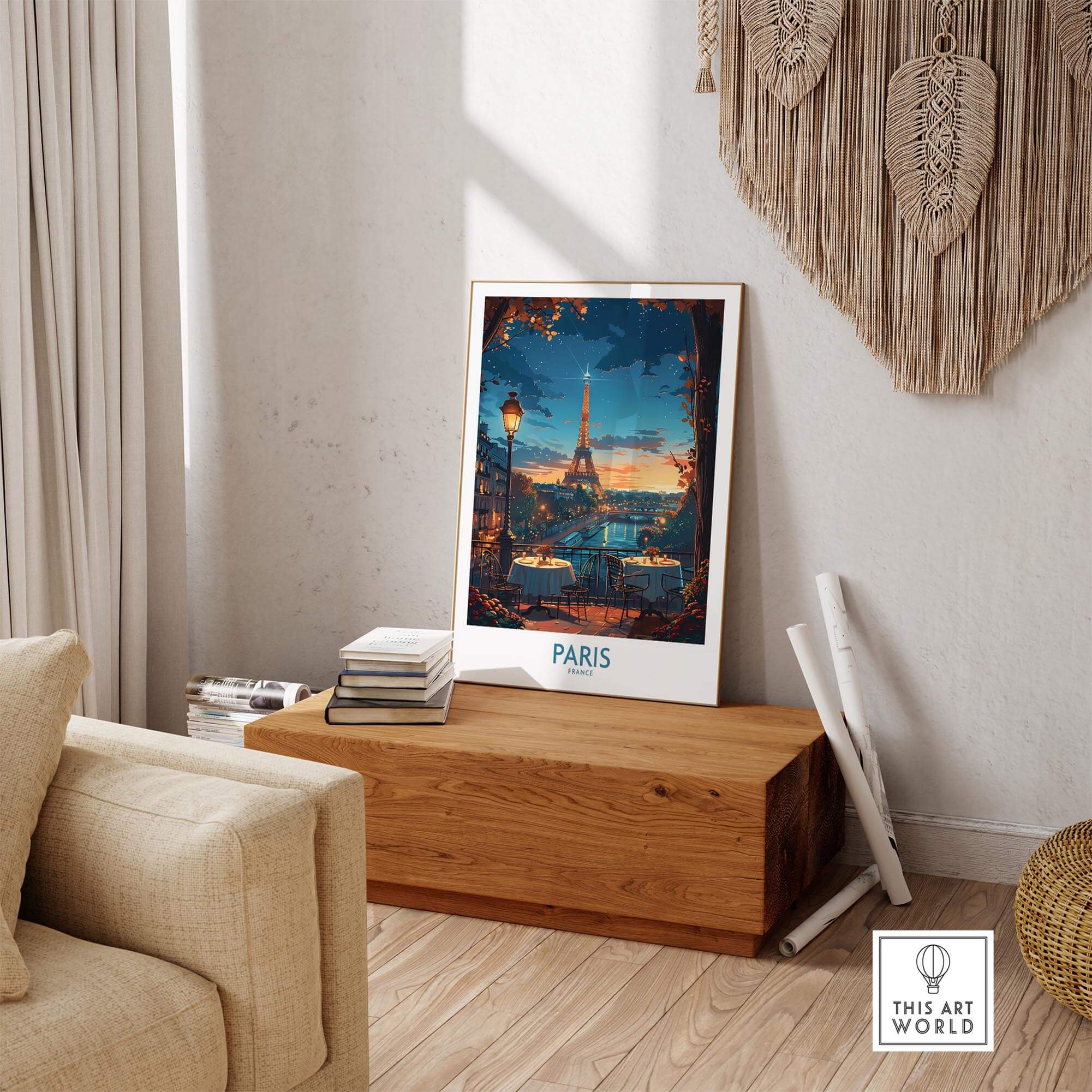 Paris Travel Poster showcasing the Eiffel Tower in a romantic setting, perfect wall art for home or office decor.