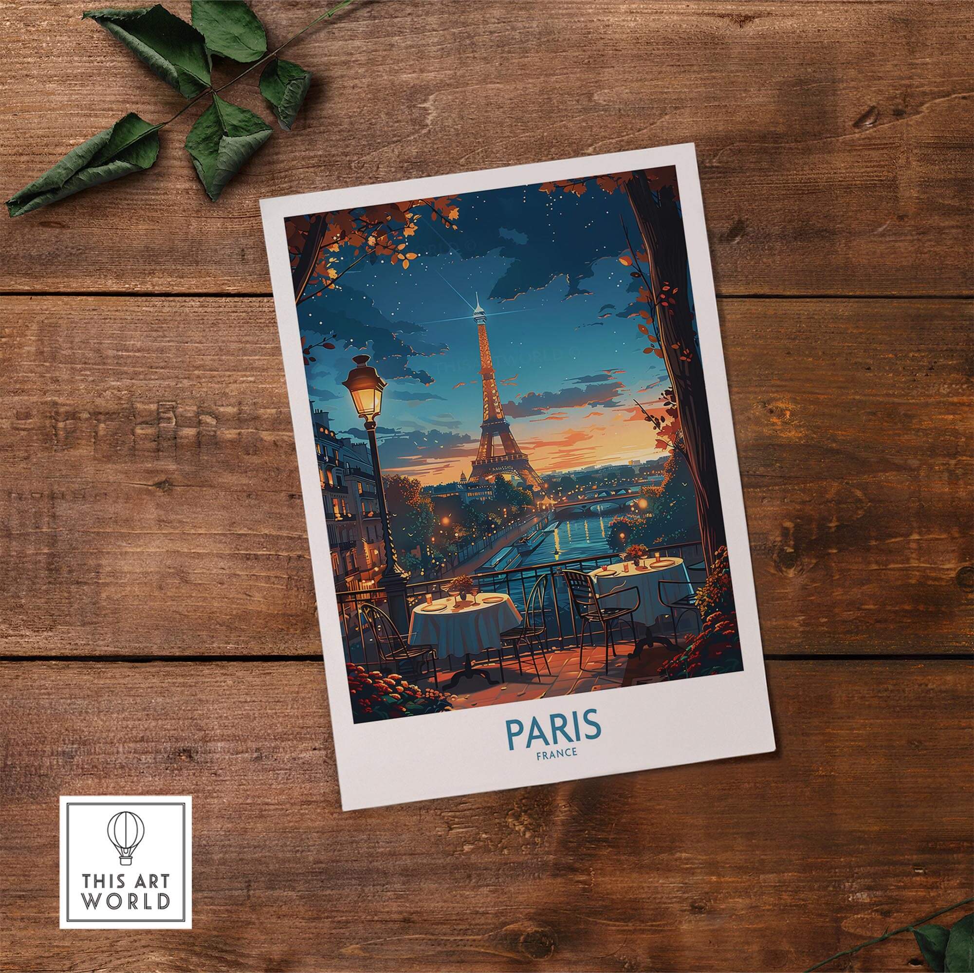 Paris Travel Poster showcasing the Eiffel Tower, a romantic evening scene in France.