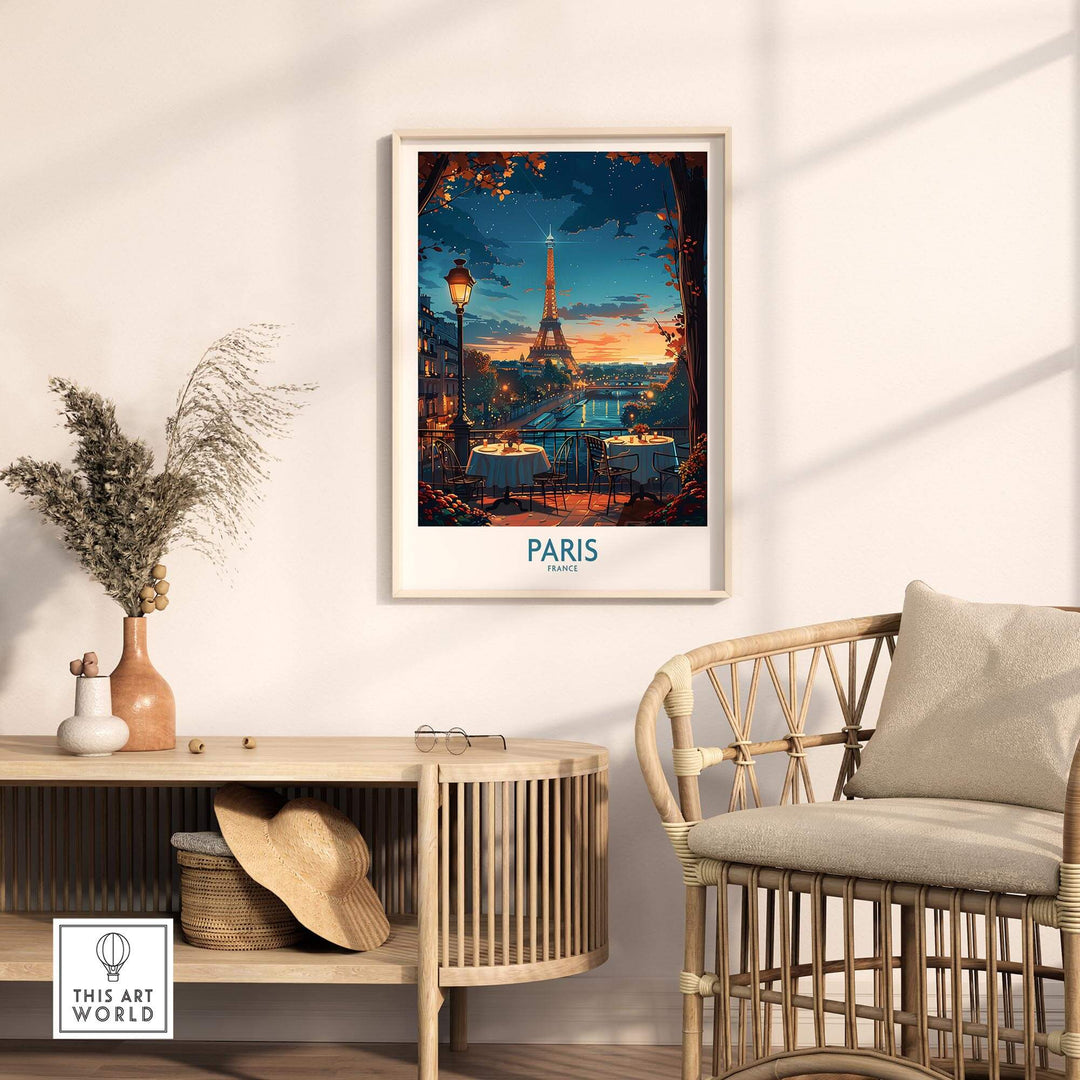 Paris travel poster showcasing the Eiffel Tower at sunset, perfect for home decor and inspiring wanderlust.