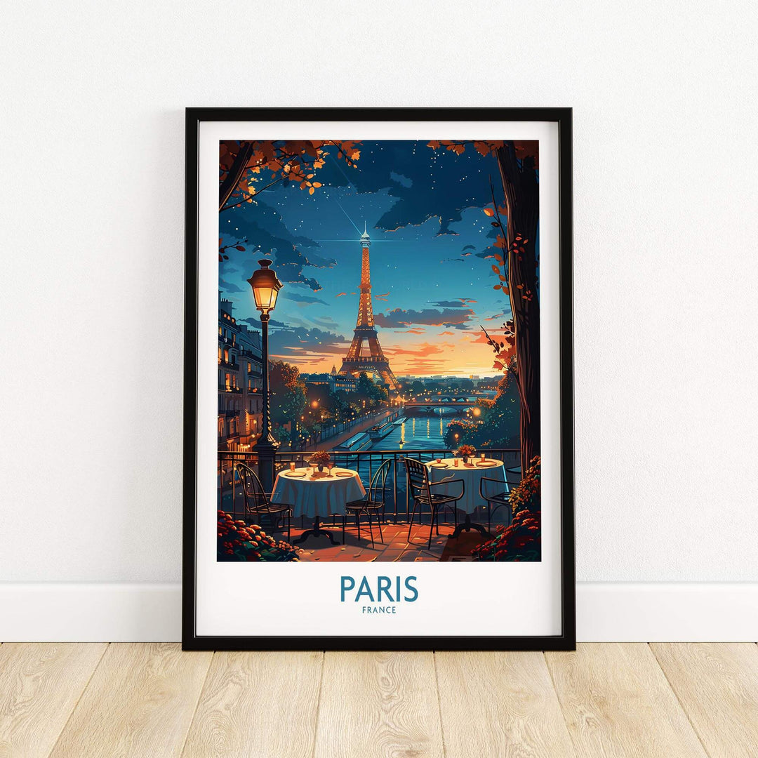 Paris travel poster featuring the Eiffel Tower and romantic café scene at sunset, ideal for home decor.