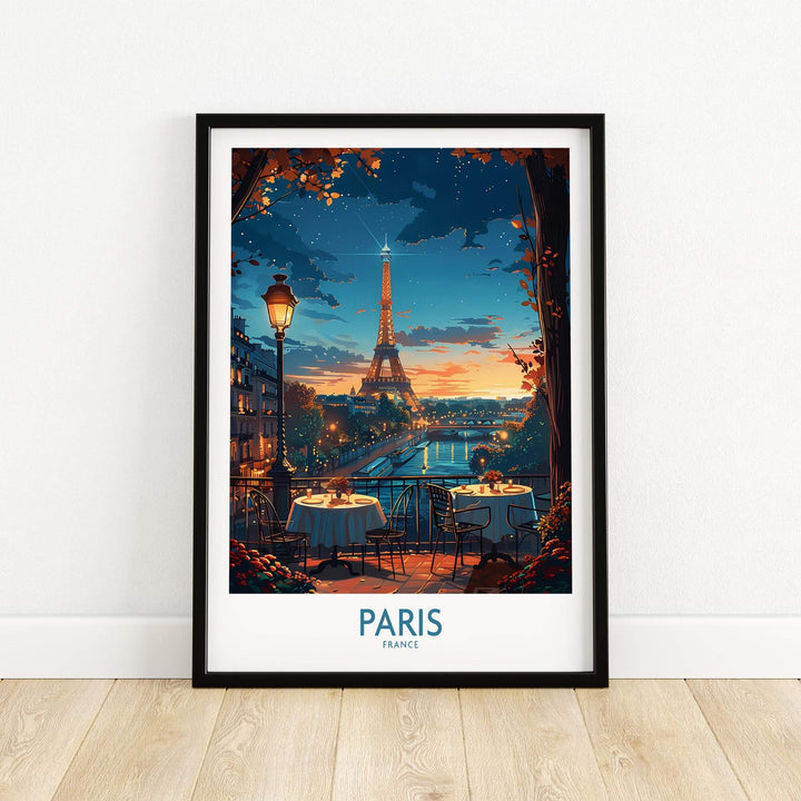 Paris travel poster featuring the Eiffel Tower and romantic café scene at sunset, ideal for home decor.