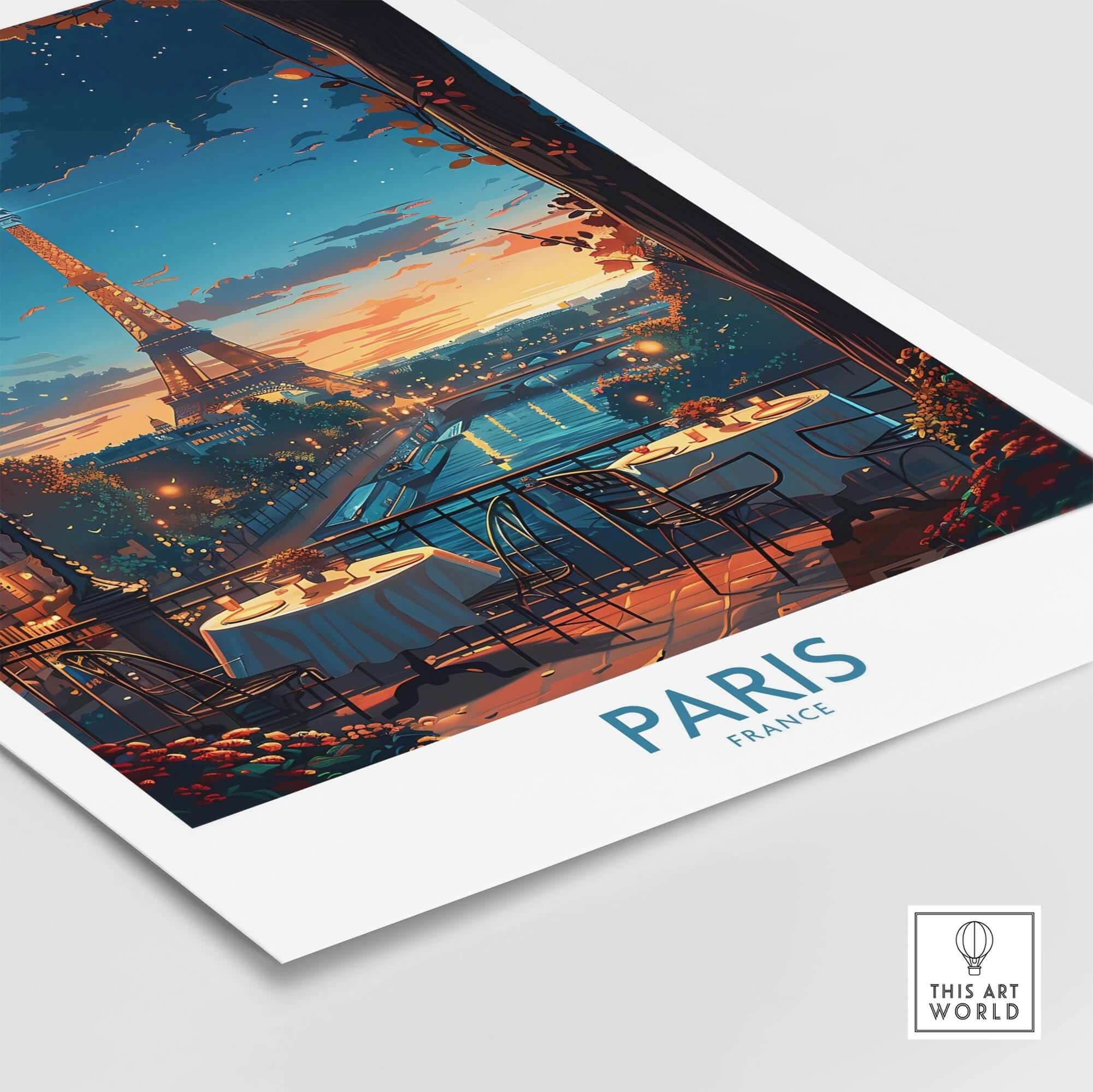 Paris Travel Poster of Eiffel Tower at sunset with romantic dining balcony and beautiful cityscape.