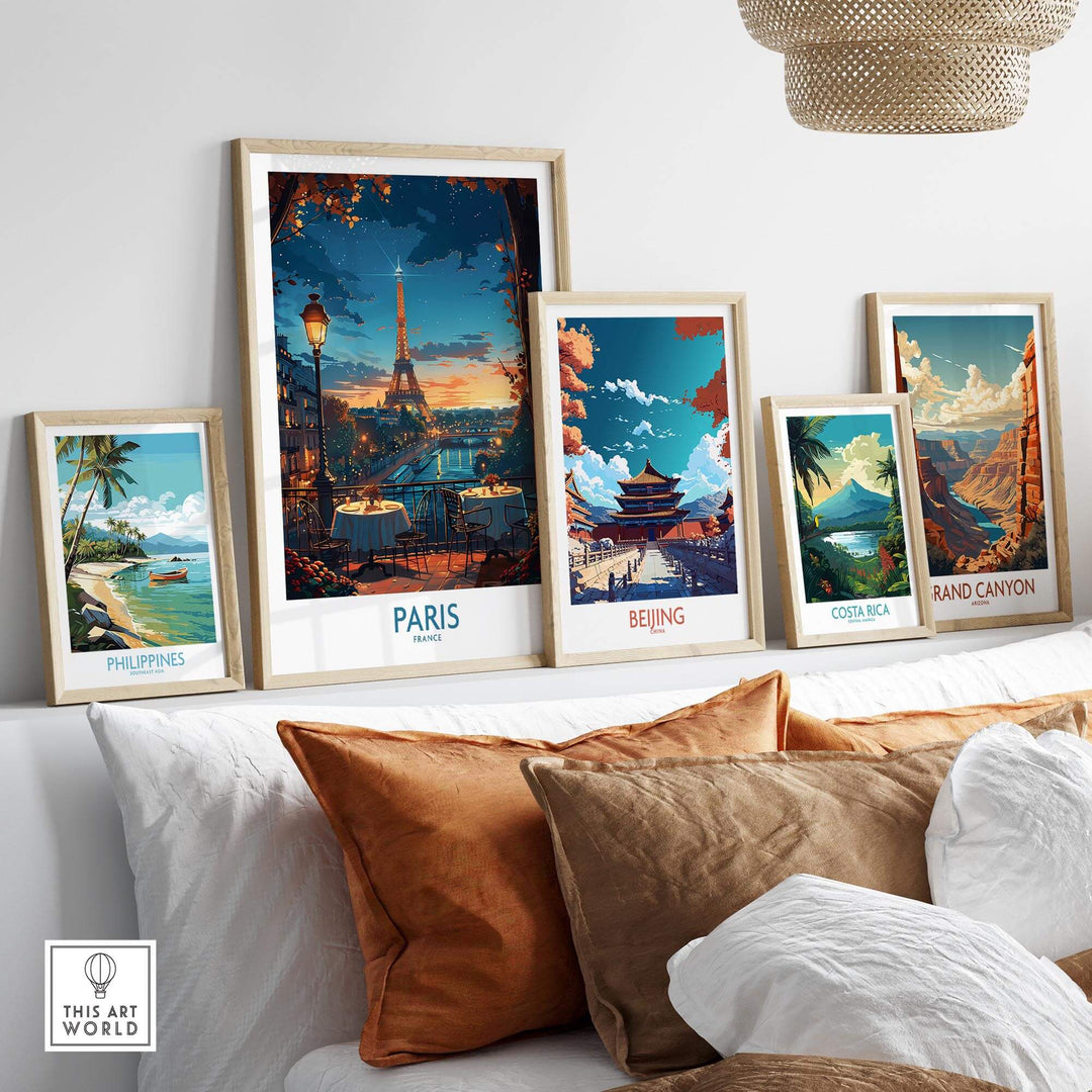 Stylish wall display of travel posters including Paris, Beijing, and more, showcasing iconic landmarks and vibrant colors.