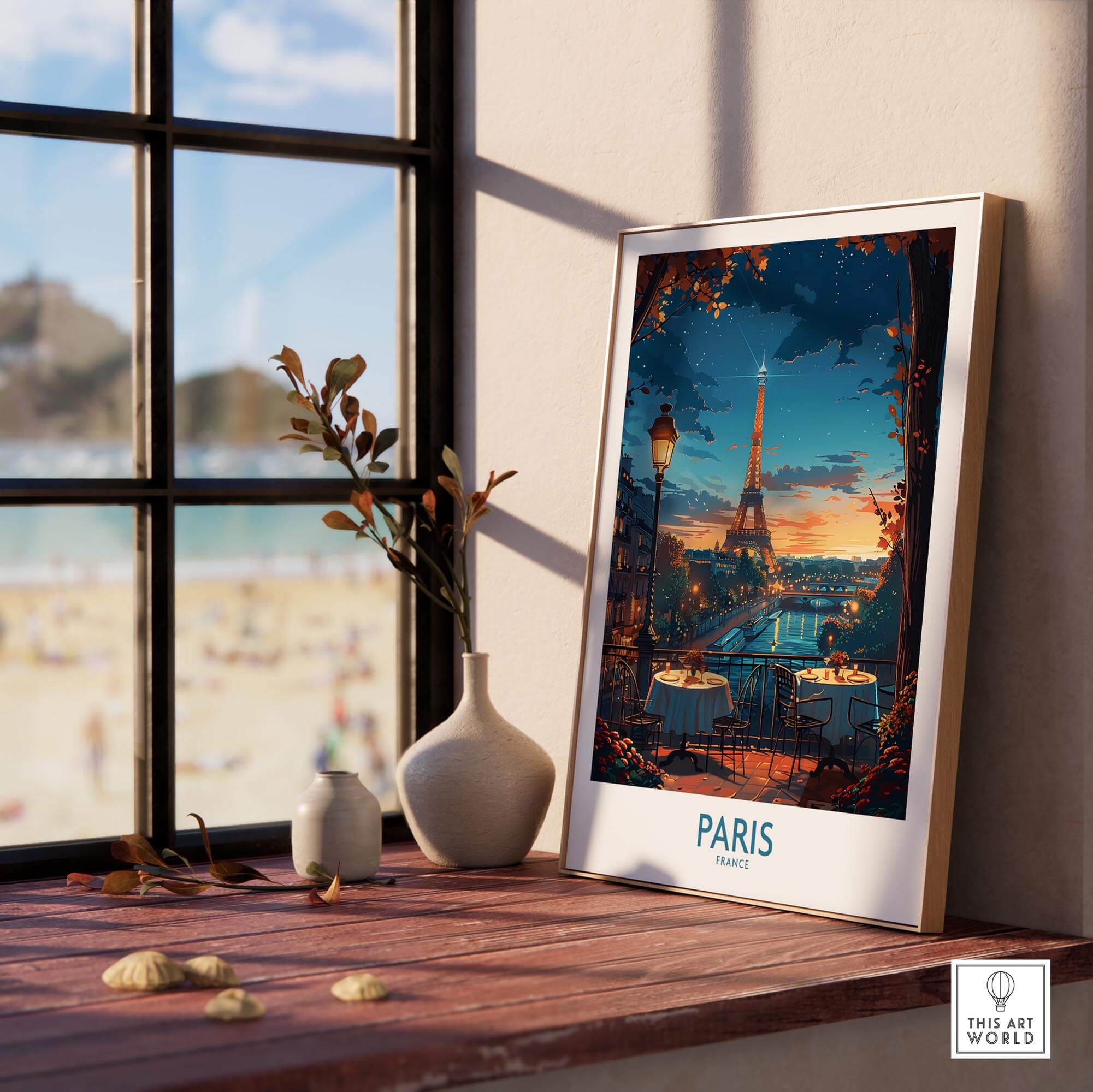 Paris Travel Poster displayed in a cozy setting with Eiffel Tower at sunset, perfect for home decoration.