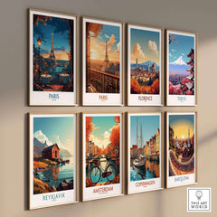 Paris Travel Poster collection featuring iconic cities like Paris, Florence, Tokyo, and Barcelona in a vibrant wall display.