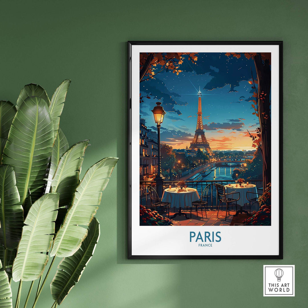 Paris Travel Poster featuring the Eiffel Tower, romantic atmosphere, and cozy dining scene in a stylish frame.