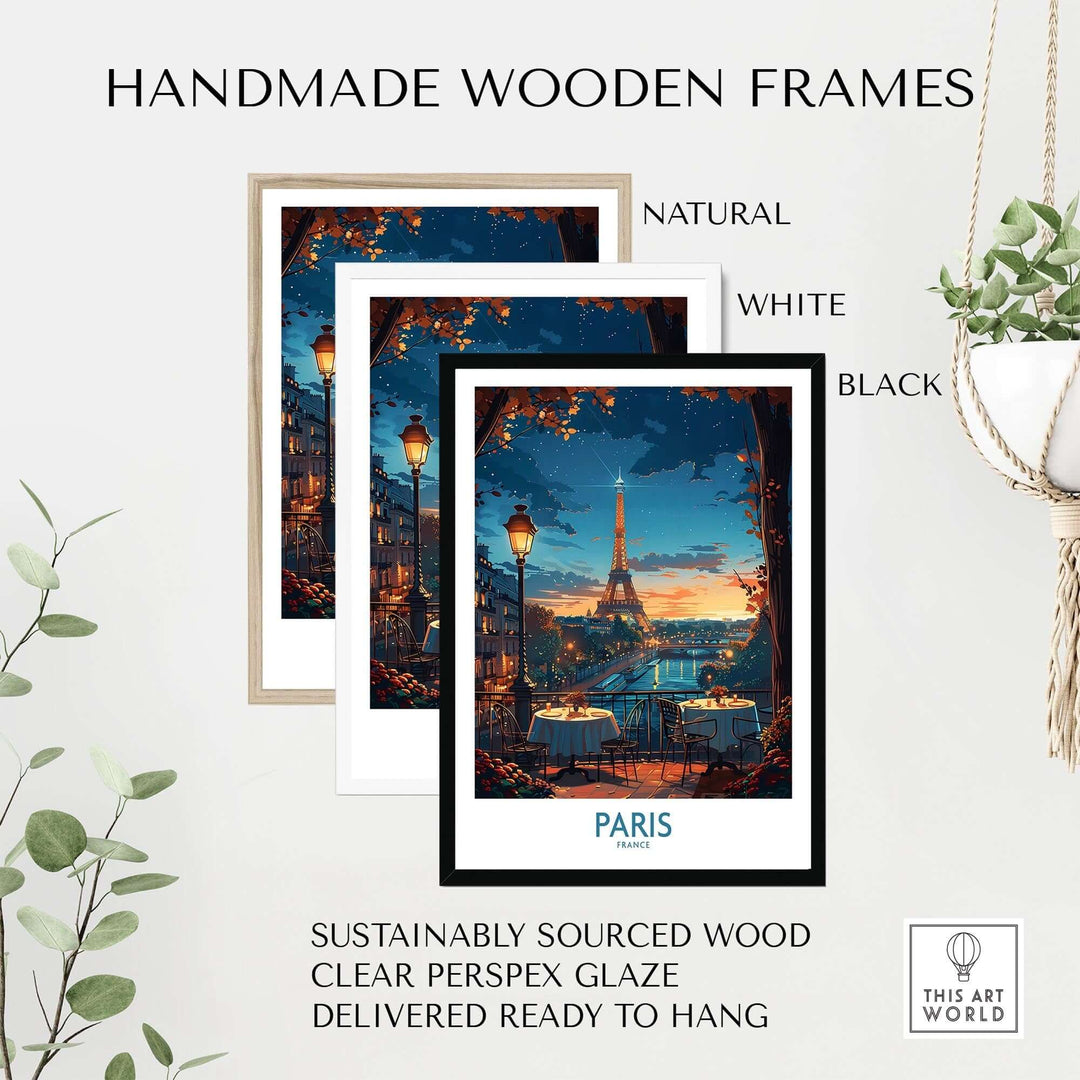 Handmade wooden frames in natural, white, and black for Paris travel poster, featuring sustainably sourced wood and clear glaze.