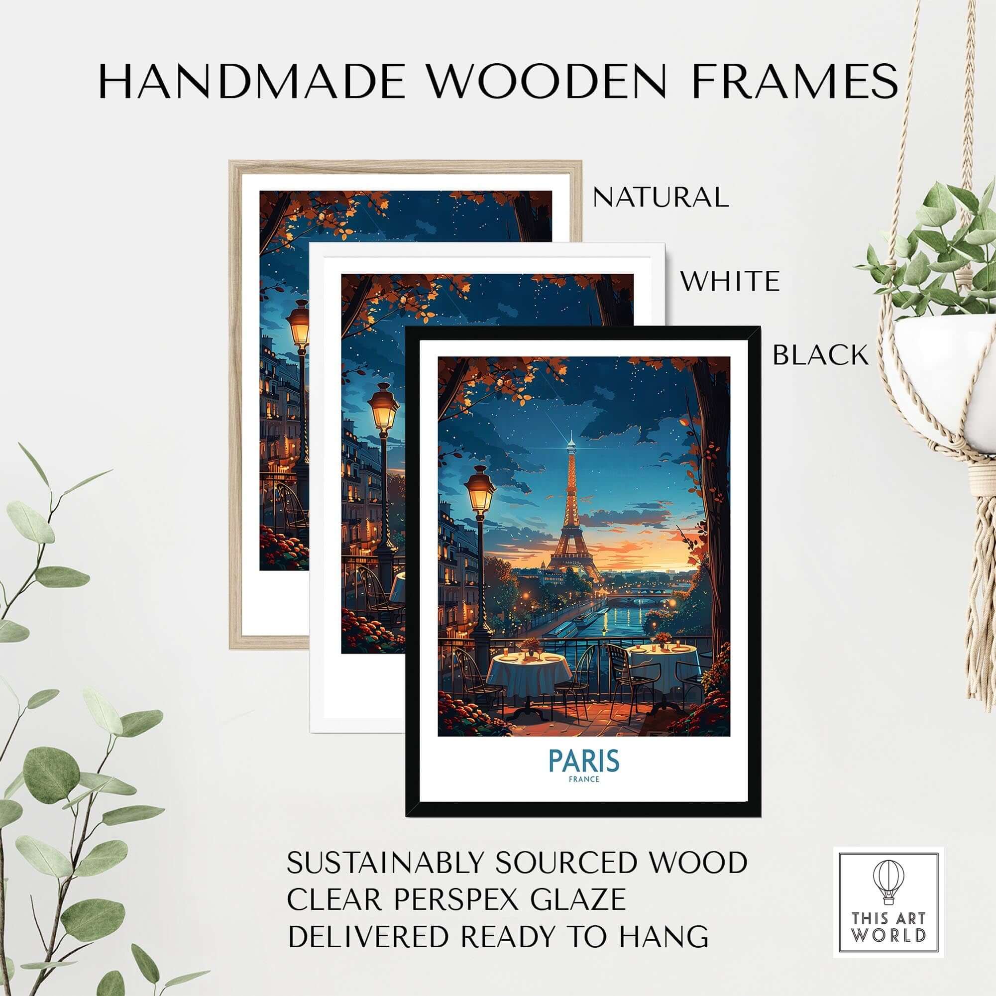 Paris Travel Poster framed in natural, white, and black handmade wooden frames, ideal for home decor.