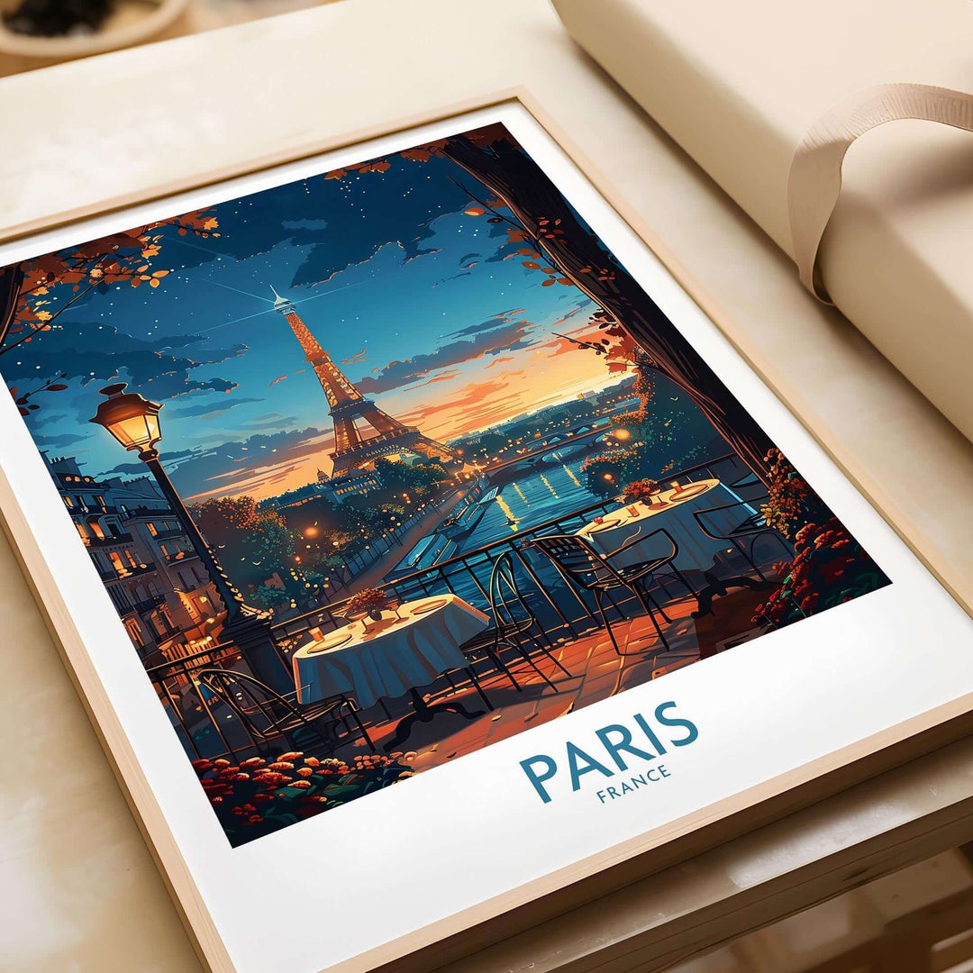 Paris travel poster featuring the Eiffel Tower at sunset with a romantic outdoor café scene. Perfect for home decor.