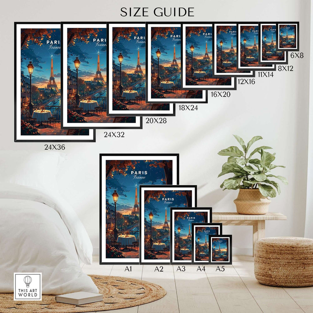 Paris Travel Print size guide showcasing multiple frame options and dimensions for home decor featuring the Eiffel Tower.