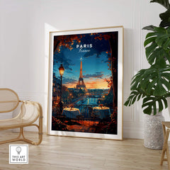 Paris Travel Print featuring the Eiffel Tower in a romantic setting, perfect French wall art for any room.