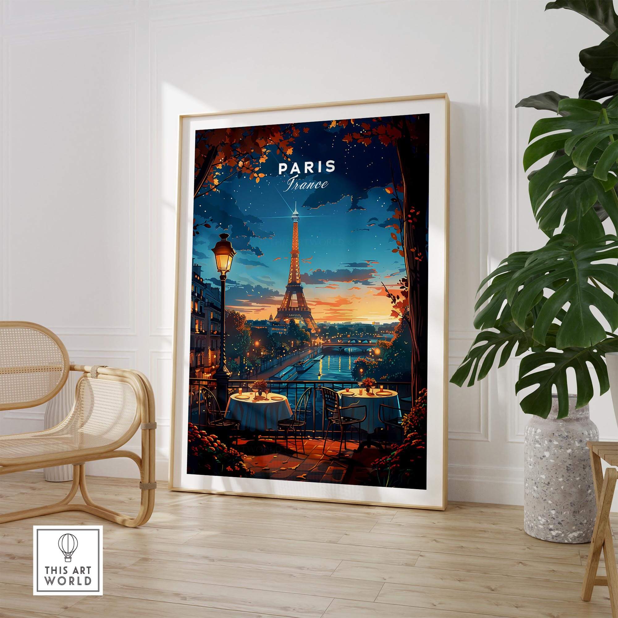 Paris Travel Print featuring the Eiffel Tower in a romantic setting, perfect French wall art for any room.