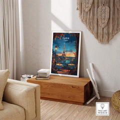 Paris Travel Print featuring the Eiffel Tower, perfect for adding romance to any room decor.