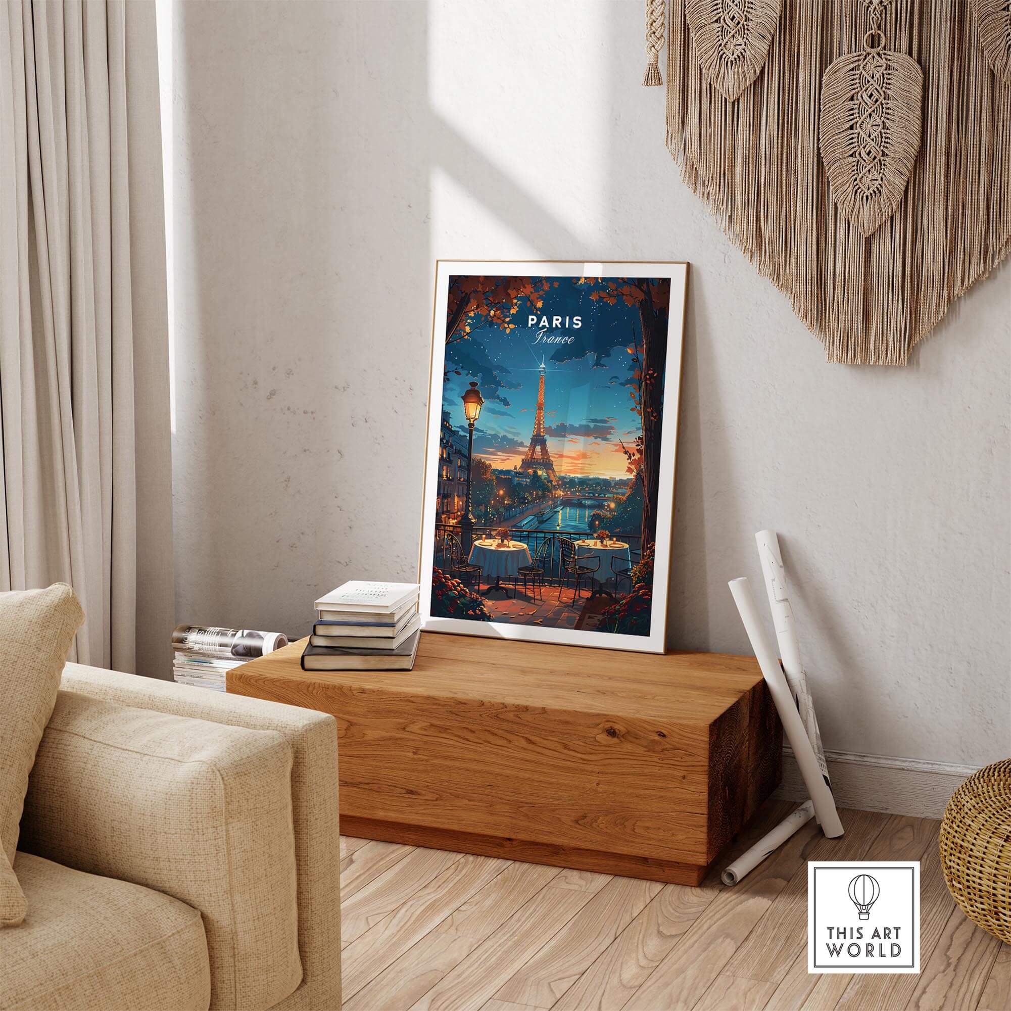 Paris Travel Print featuring the Eiffel Tower, perfect for adding romance to any room decor.