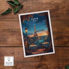 Paris Travel Print featuring the Eiffel Tower in a romantic evening setting, perfect French wall art for home decor.