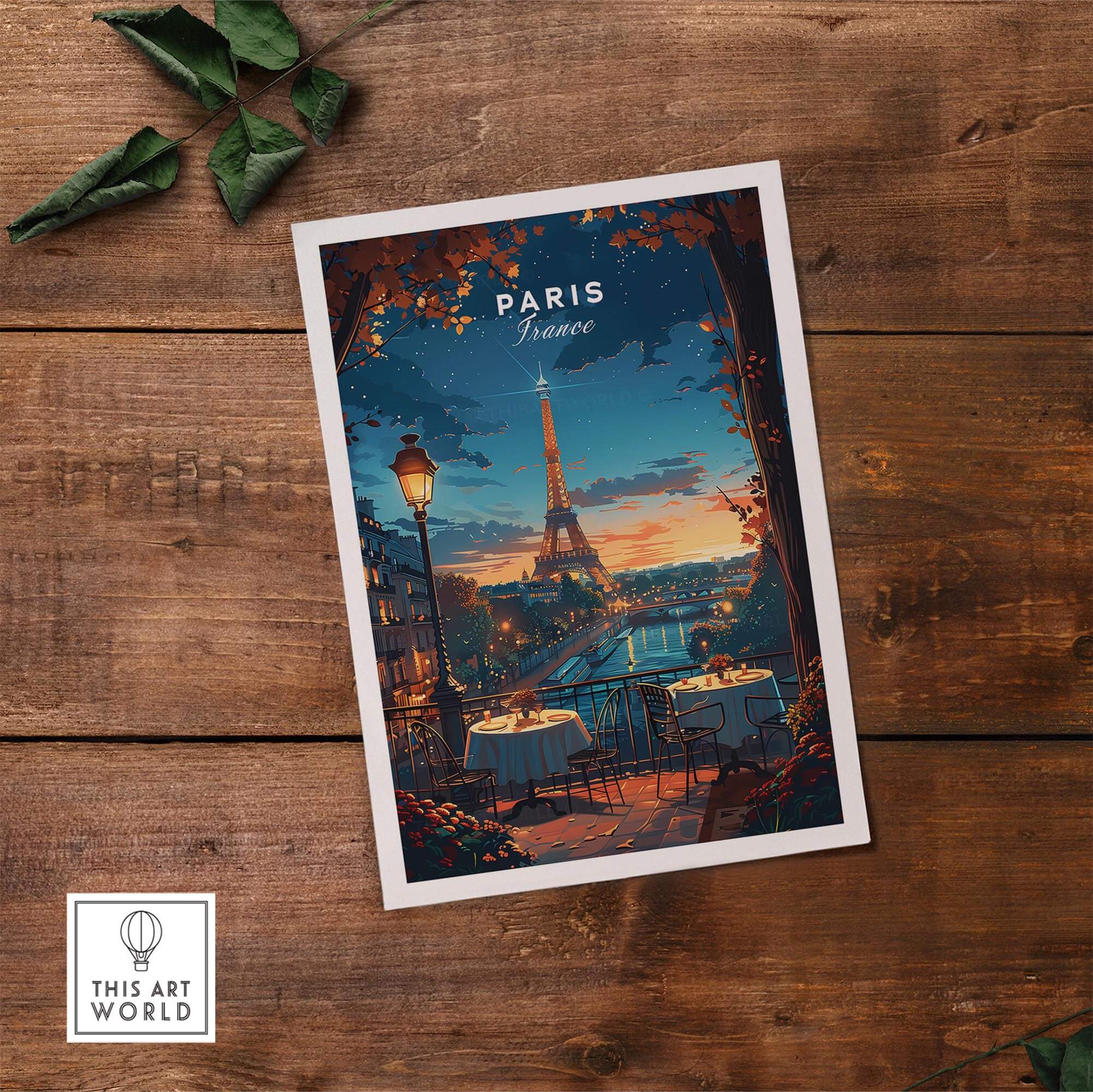 Paris Travel Print featuring the Eiffel Tower in a romantic evening setting, perfect French wall art for home decor.