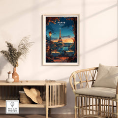 Paris Travel Print featuring the Eiffel Tower in a beautiful evening setting, perfect for adding romance to home decor.