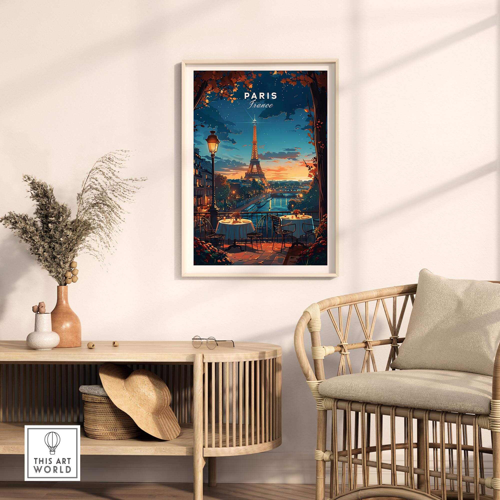 Paris Travel Print featuring the Eiffel Tower in a beautiful evening setting, perfect for adding romance to home decor.