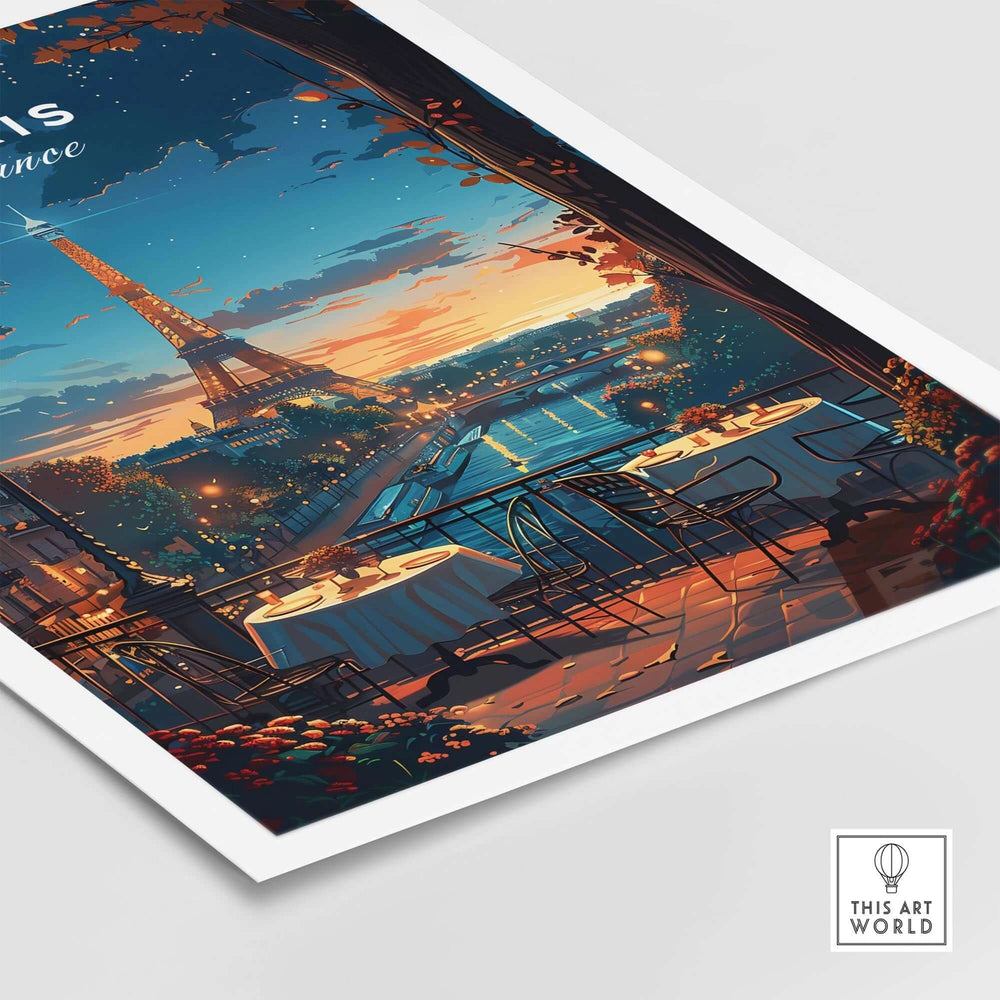 Paris Travel Print featuring a romantic view of the Eiffel Tower at sunset, perfect for French wall art and home decor.