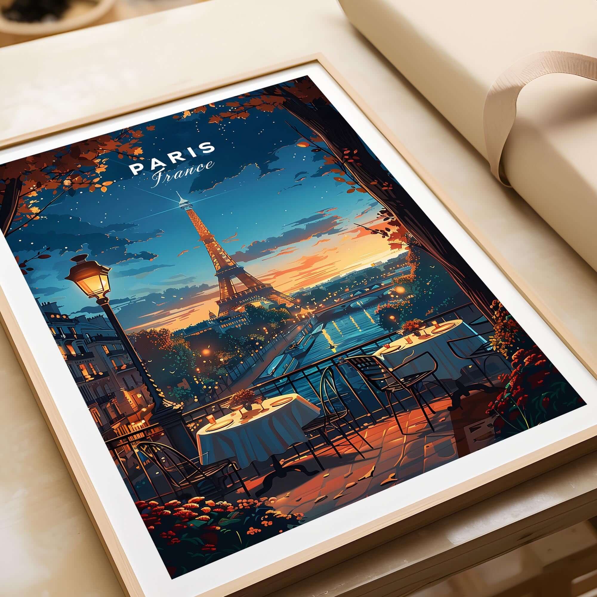 Paris Travel Print featuring a romantic view of the Eiffel Tower at sunset, perfect French wall art.