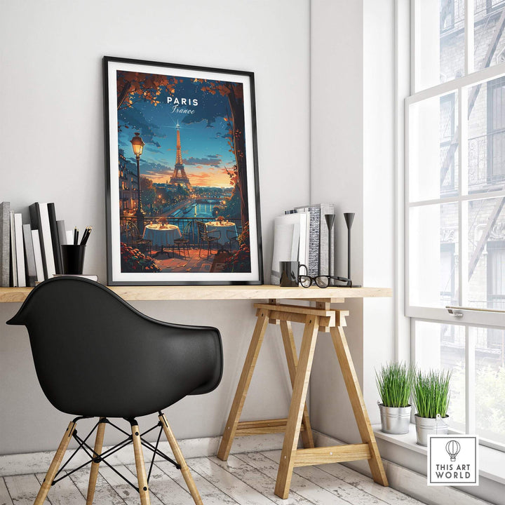 Paris Travel Print featuring the Eiffel Tower in a cozy room setting, adding a touch of romance to any space.