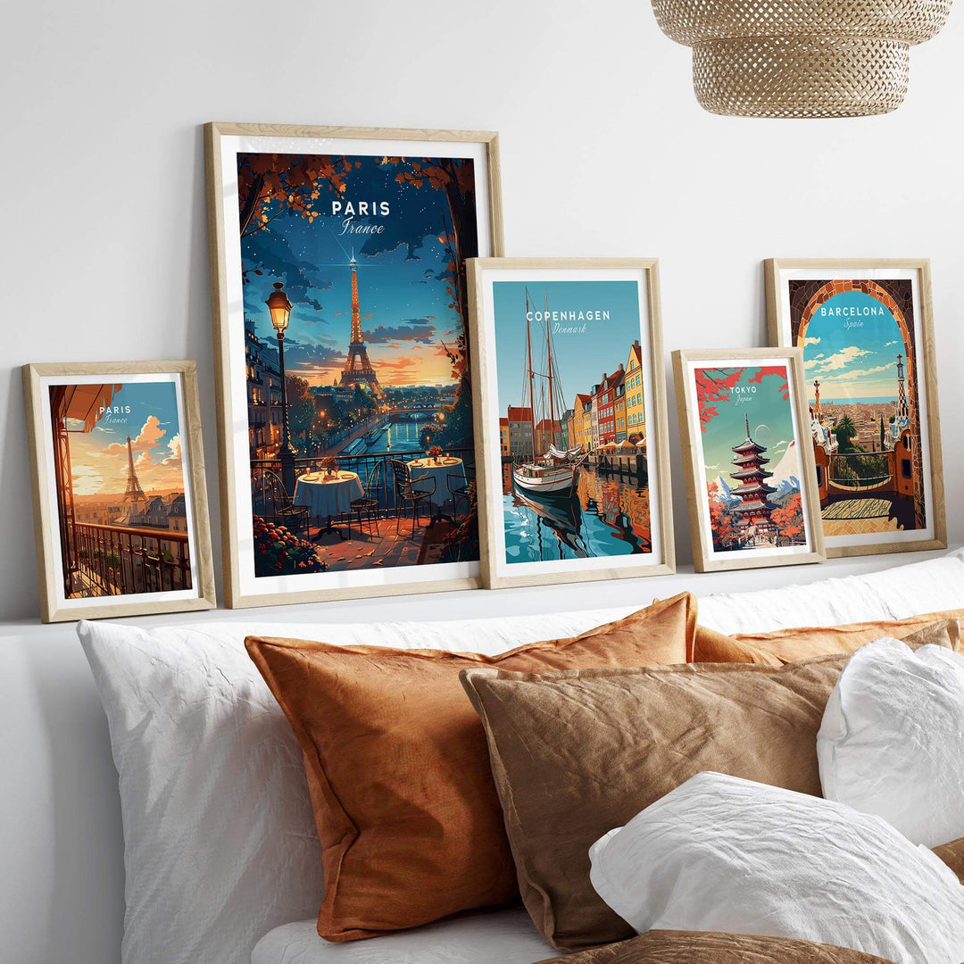 Paris Travel Prints displayed in frames showcasing iconic landmarks and vibrant cityscapes, perfect for home decor.