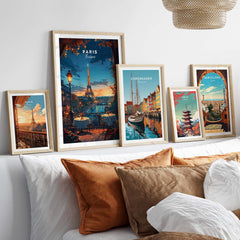 Paris Travel Print displayed among other city prints, showcasing the Eiffel Tower in a cozy living room setting.