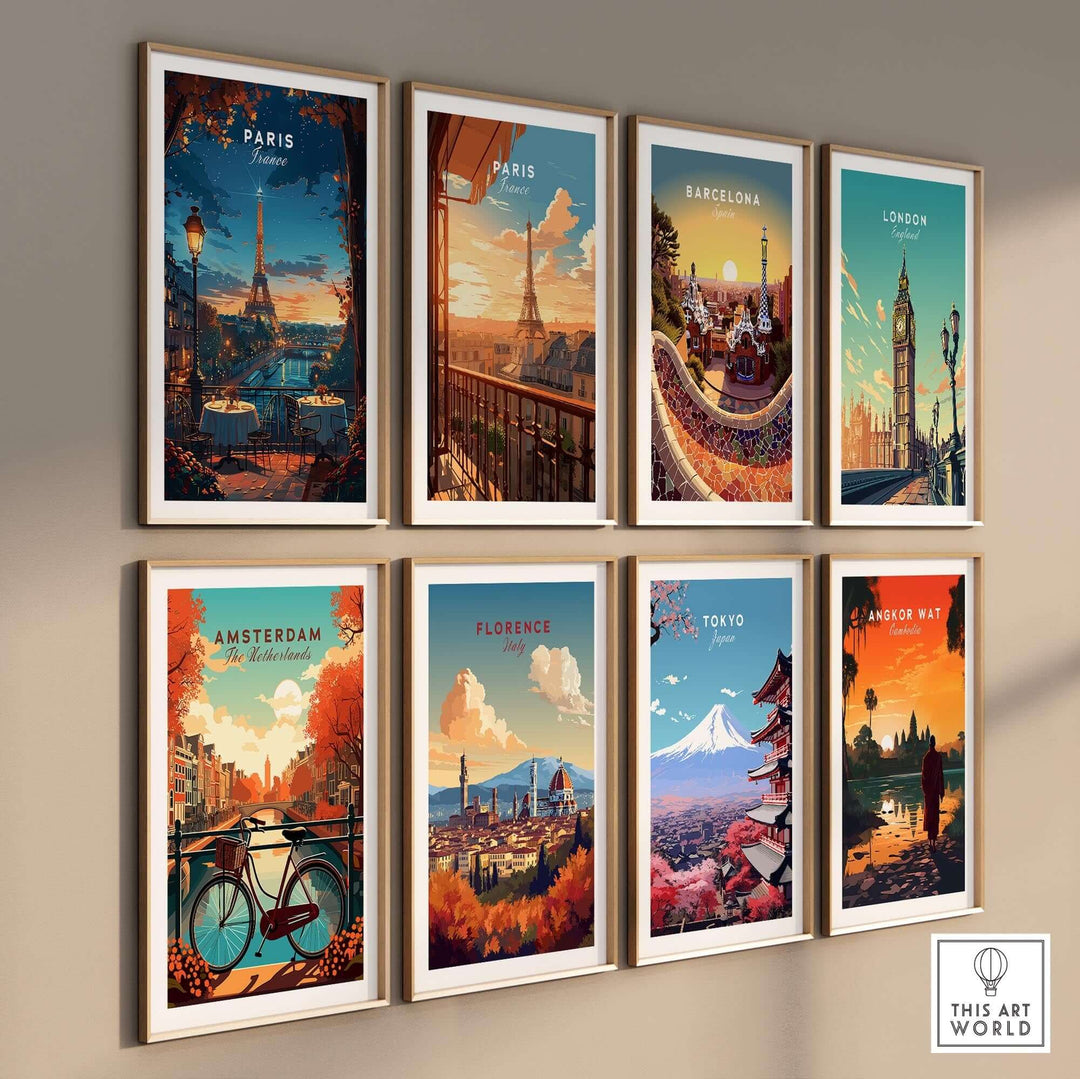 A collection of travel prints showcasing iconic landmarks from Paris, Barcelona, London, Amsterdam, Florence, Tokyo, and Angkor Wat.