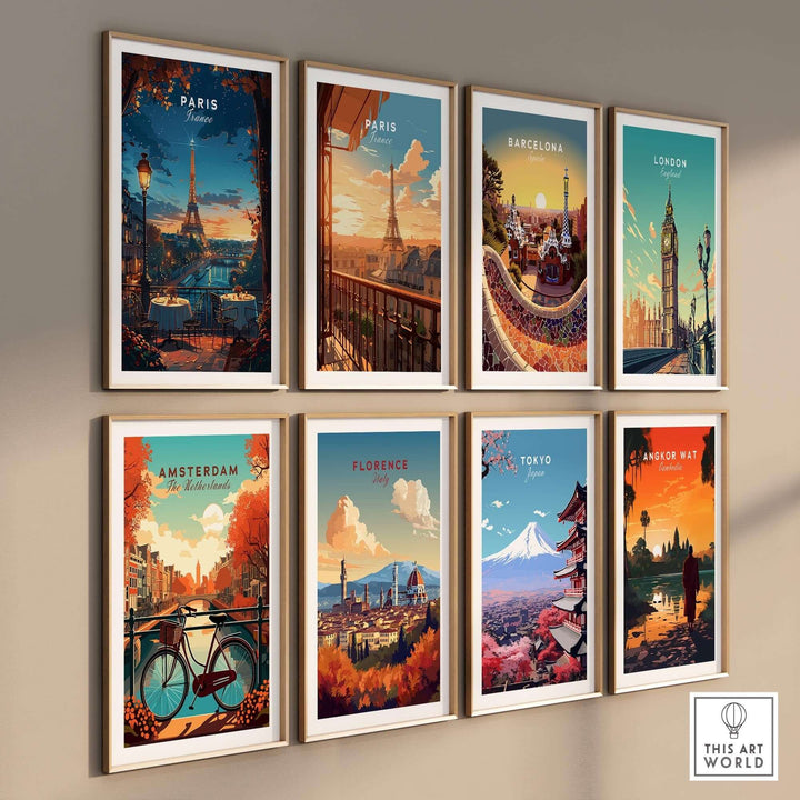 A collection of travel prints showcasing iconic landmarks from Paris, Barcelona, London, Amsterdam, Florence, Tokyo, and Angkor Wat.