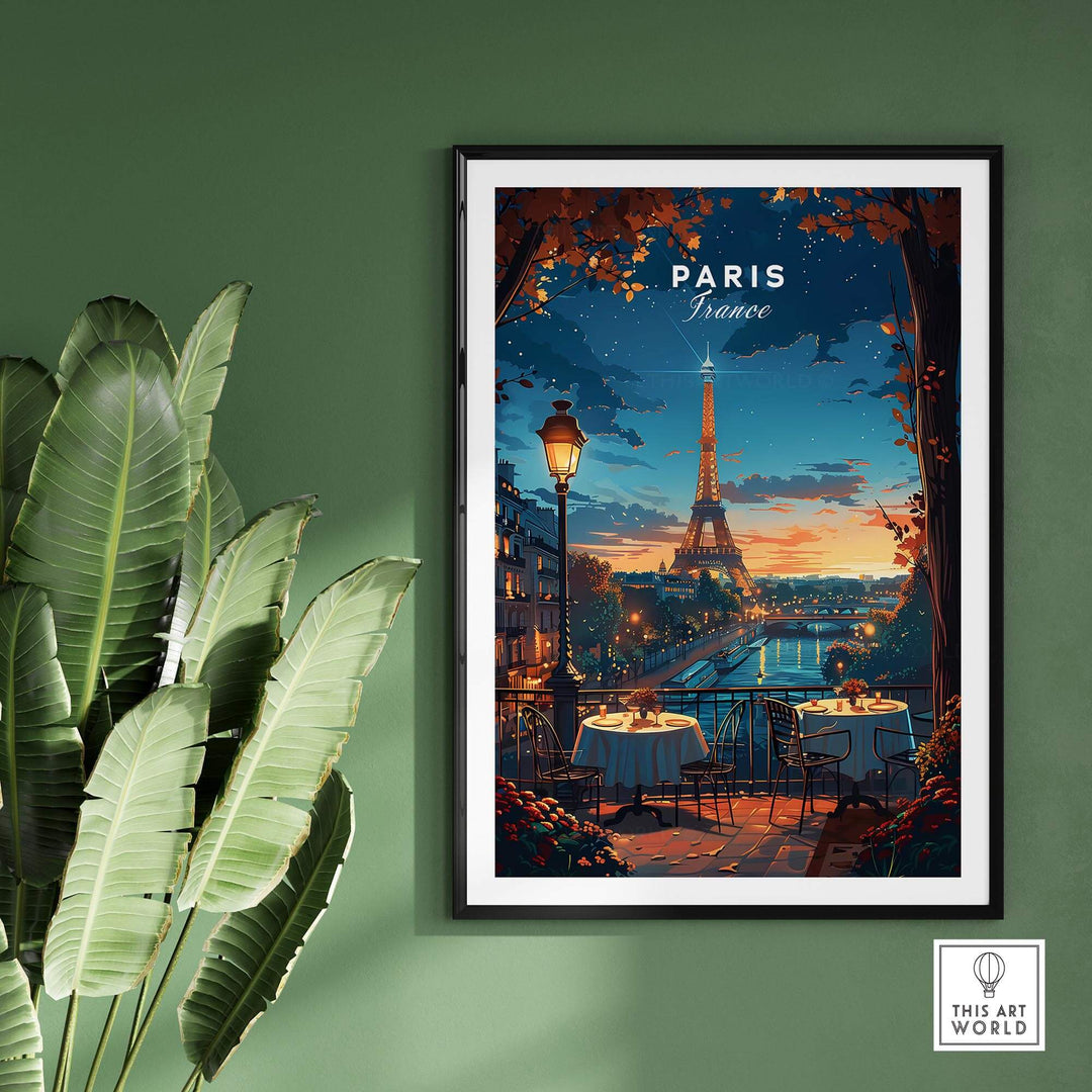 Paris travel print featuring the Eiffel Tower and romantic dining scene, ideal for French wall art decor.