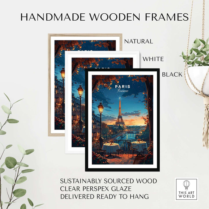 Handmade wooden frames in natural, white, and black, featuring Paris Travel Print with Eiffel Tower, ready to hang.