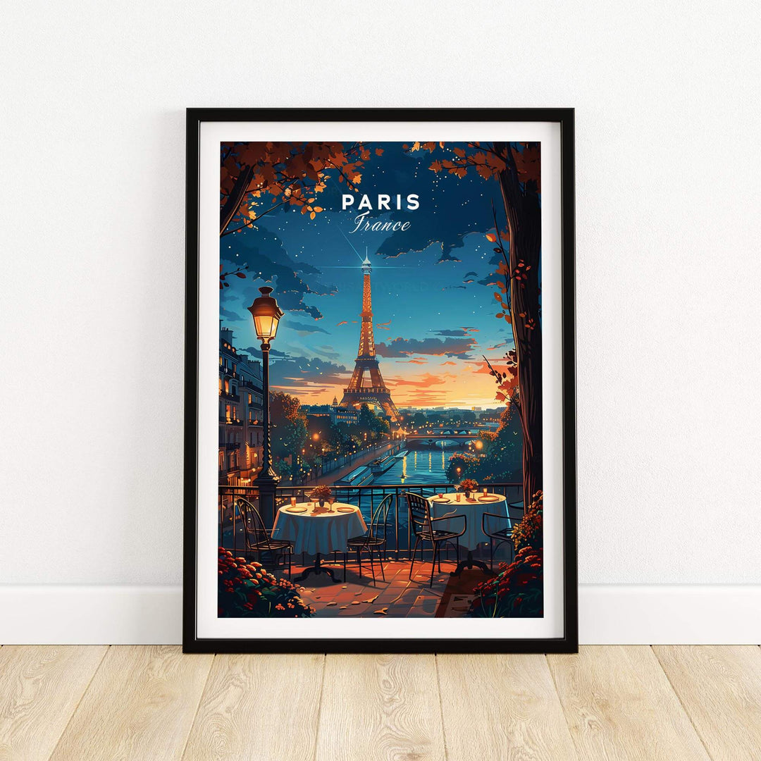 Paris Travel Print featuring the Eiffel Tower, romantic dining scene, and vibrant sunset over Parisian landscape.