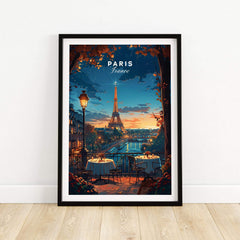 Paris Travel Print depicting a romantic view of the Eiffel Tower, perfect French wall art for travel lovers.