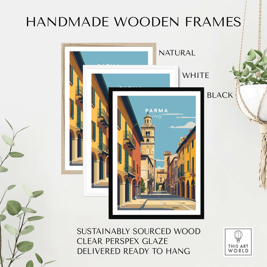 Three handmade wooden frames in natural, white, and black for an Italian cityscape art print.