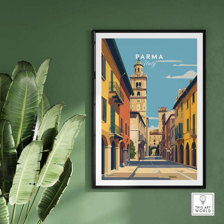 Parma art print featuring a minimalist cityscape of Parma, Italy, framed on a green wall with plants.