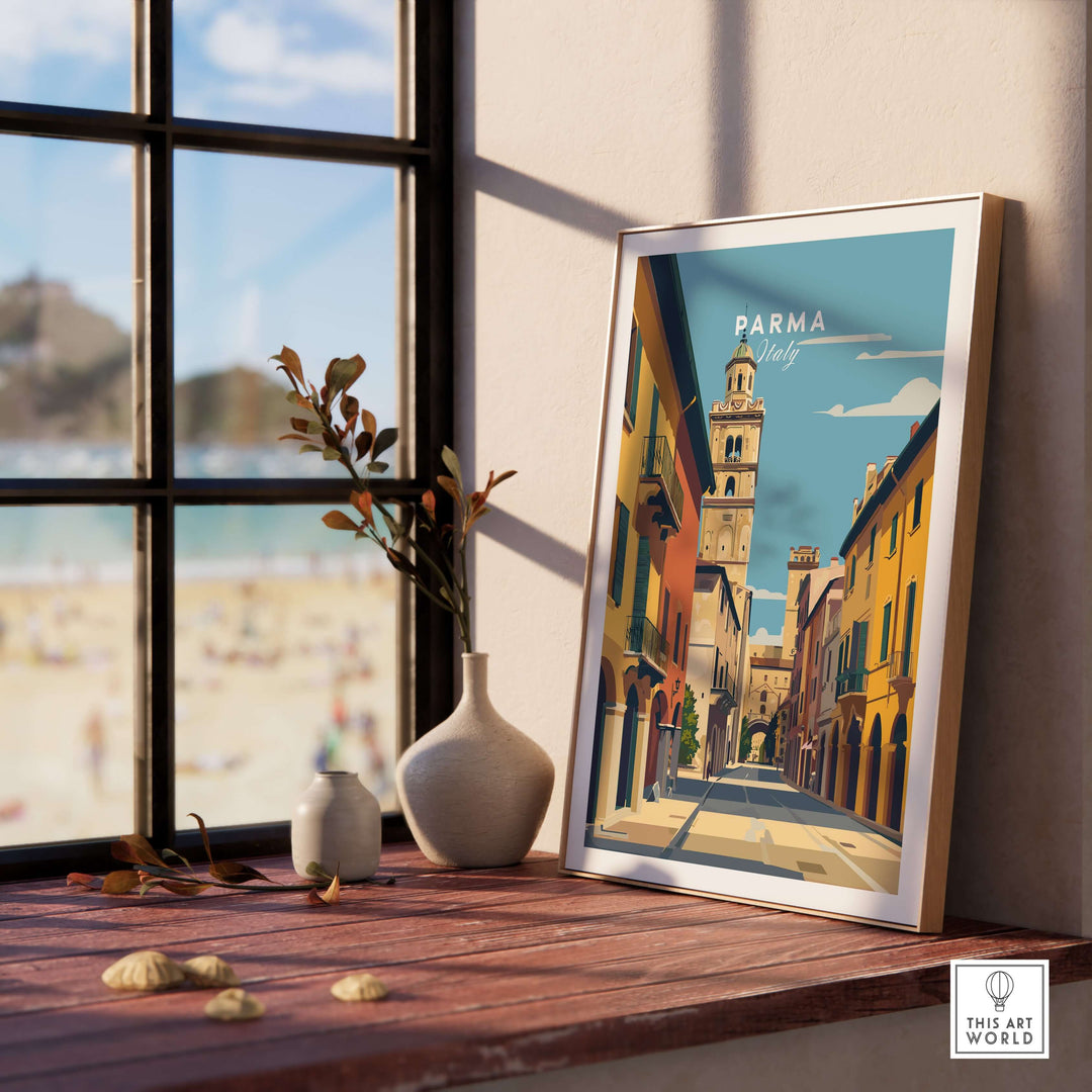 Parma art print showcasing a minimalist cityscape poster of Italian architecture on a stylish shelf.