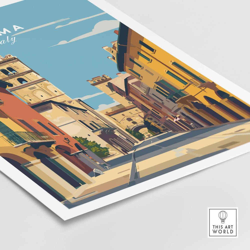 Parma art print featuring a minimalist Italian cityscape with vibrant architecture and blue sky.