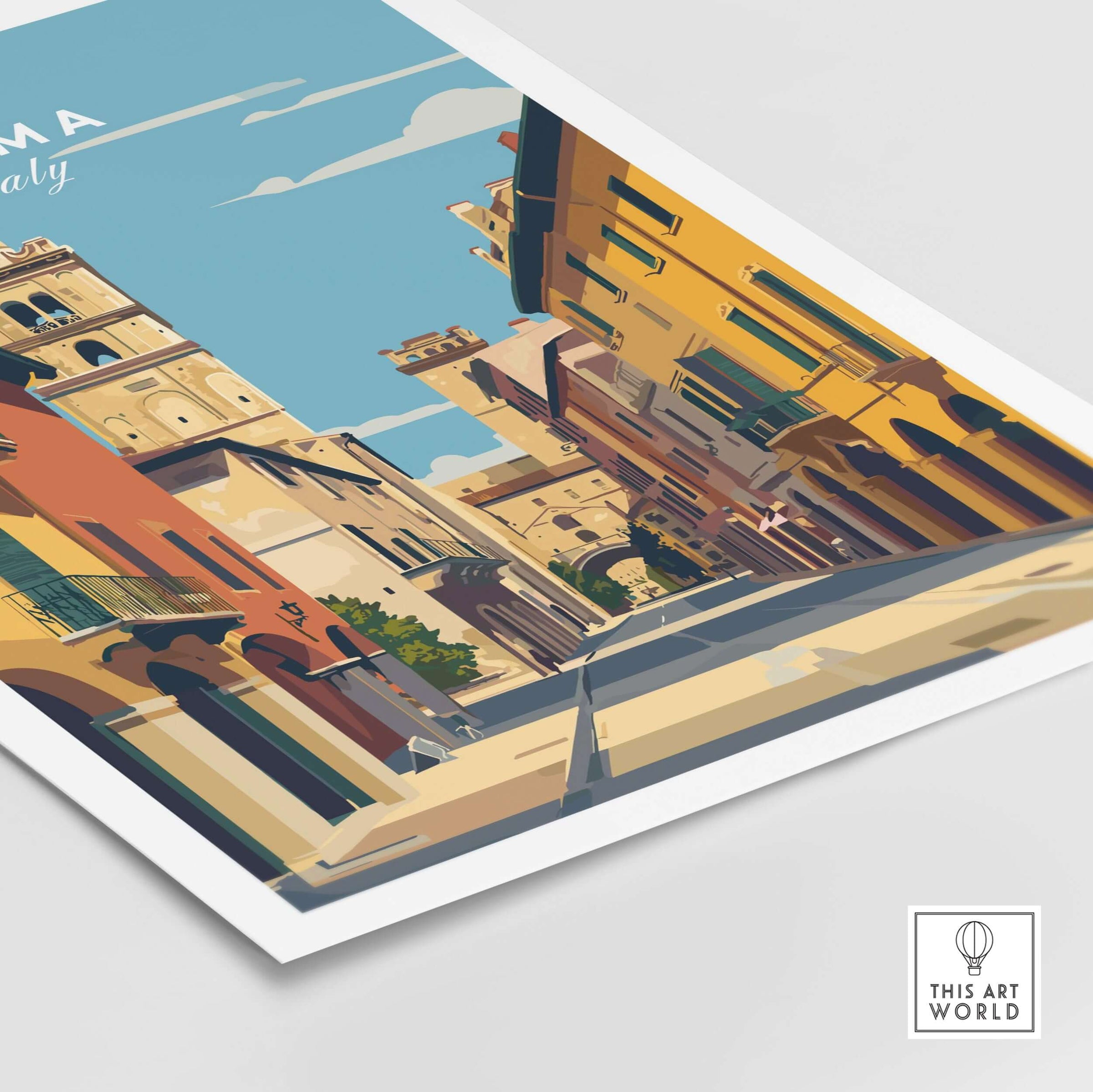 Parma Art Print - Italian Cityscape Poster - Minimalist Architectural Decor showcasing a vibrant street in Parma, Italy.