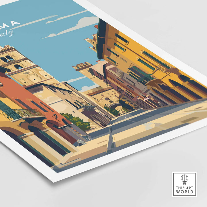 Parma art print featuring a minimalist Italian cityscape with vibrant architecture and blue sky.
