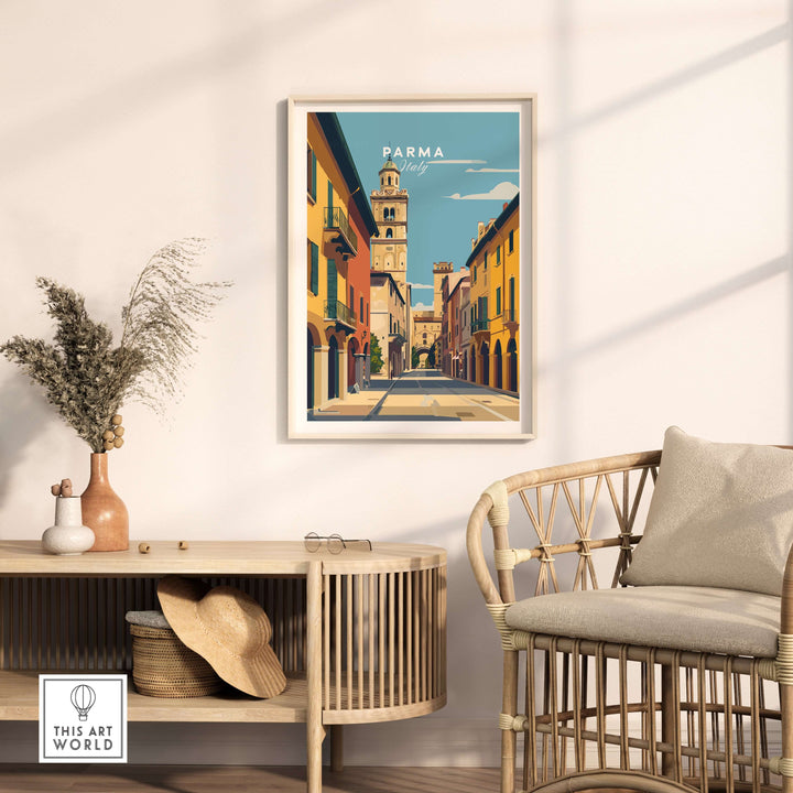 Minimalist Parma art print displayed in stylish interior, showcasing Italian cityscape and vibrant architecture.