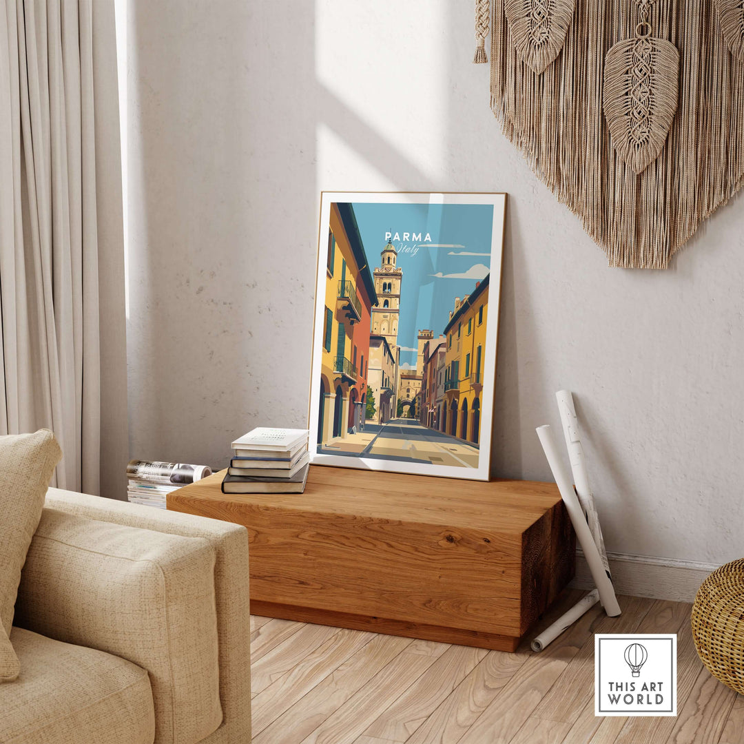 Parma art print in a modern living room, showcasing minimalist cityscape decor and iconic architecture.