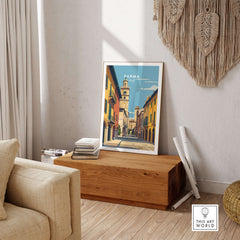 Parma Art Print - Italian Cityscape Poster - Minimalist Architectural Decor displayed in a stylish interior.