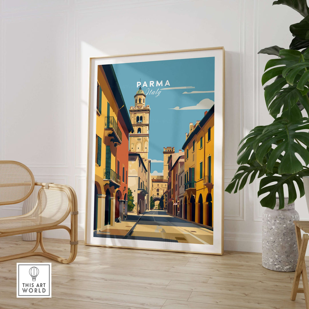 Parma art print featuring a minimalist Italian cityscape. Stylish architectural decor for modern interiors.